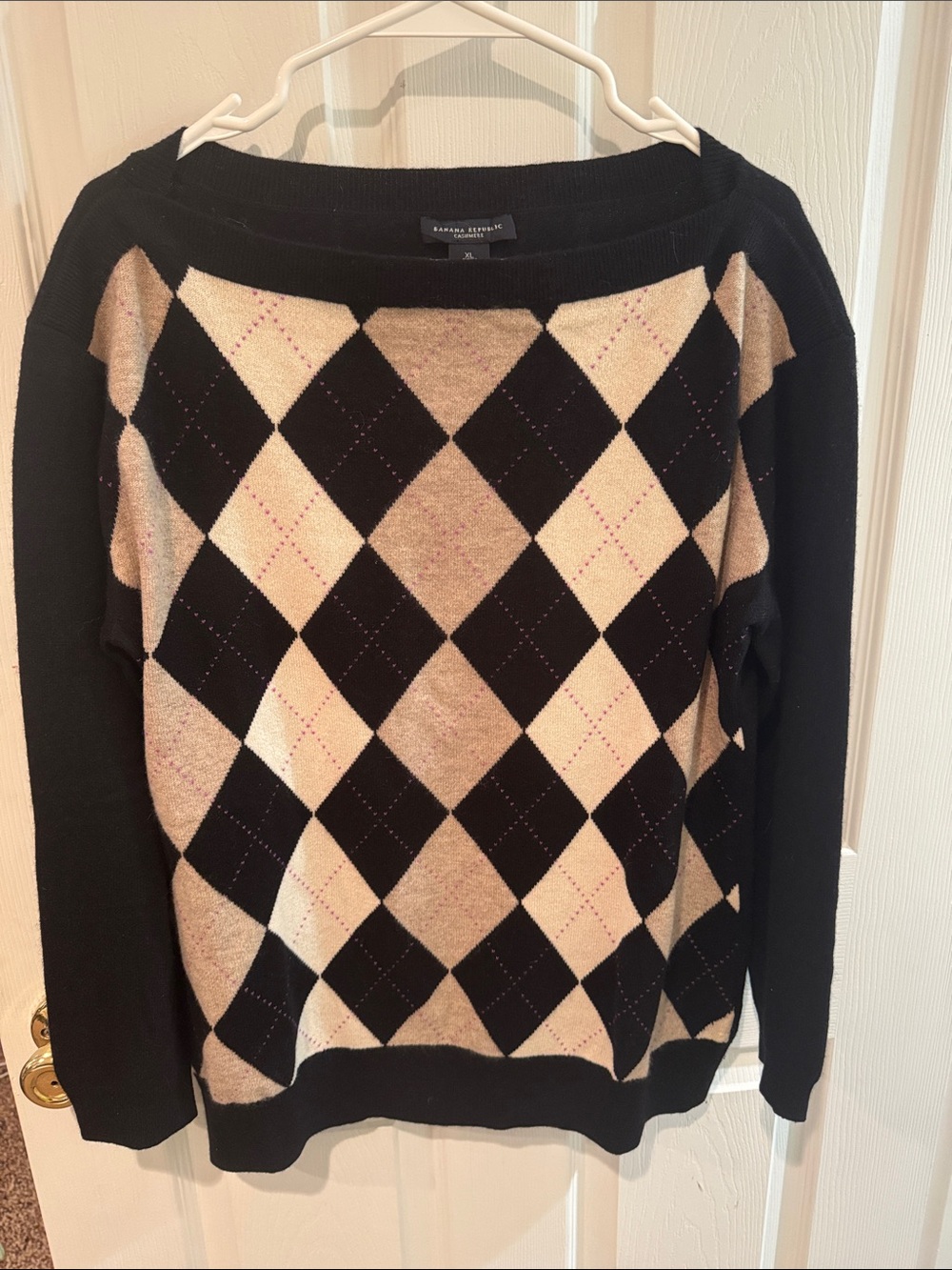 Banana Republic Black and Cream Argyle Off-Shoulder Sweater